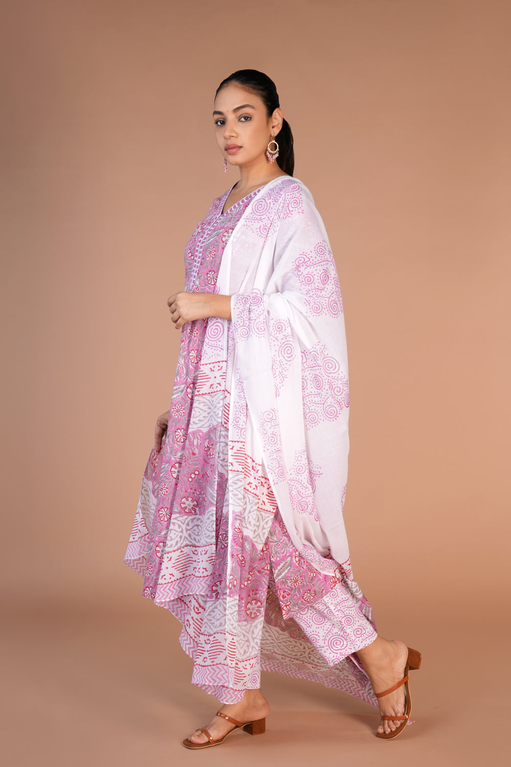 Image of Cotton handblock printed kurta , pants and dupatta set